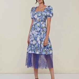 Rachel Parcell Size 8 Blue Floral Puff Sleeve Lace Trim Midi Dress